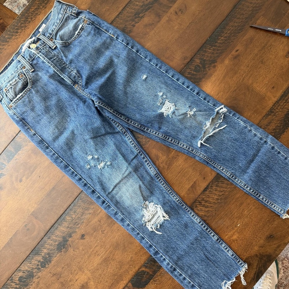 RE/DONE Originals High Rise Slim Straight Jeans 24 Blue Distressed Raw Hem USA
